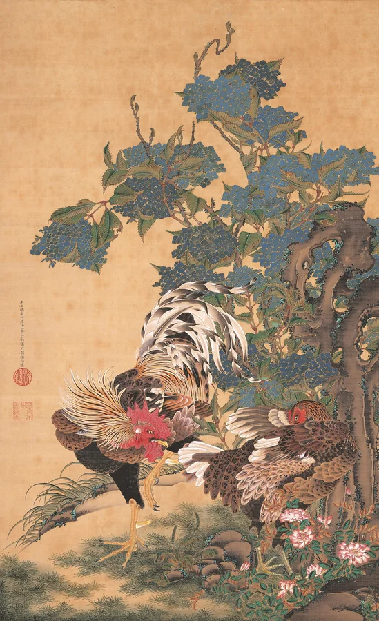 伊藤若冲「紫陽花双鶏図」