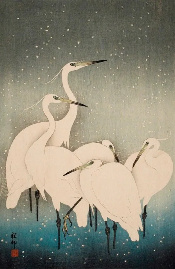 小原古邨「雪中の白鷺」